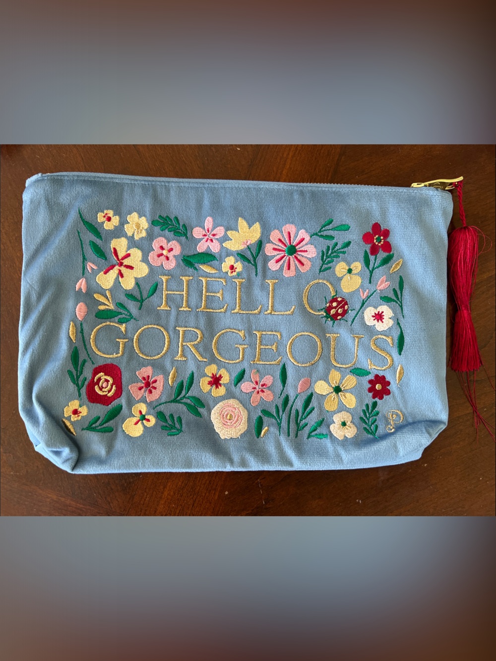 Light Blue velvet “Hello Gorgeous" Floral Embroidered Cosmetic bag